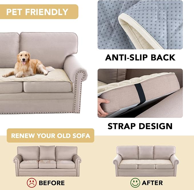 H.VERSAILTEX Couch Cover Chenille Pet Fuzzy Sofa Covers for 3 Cushion Couch Anti Slip Washable Sofa Slipcovers with Strap Soft Couch Protector Cover for Dogs Cats Kids(27.6" x 82", Ivory) - Image 4