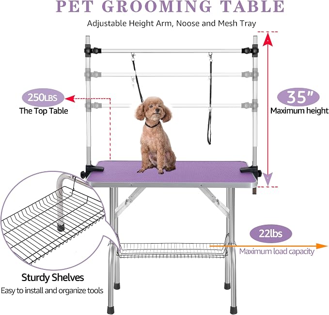 Professional Dog Pet Grooming Table Adjustable Heavy Duty Portable w/Arm & Noose & Mesh Tray (Purple, 36") - Image 2