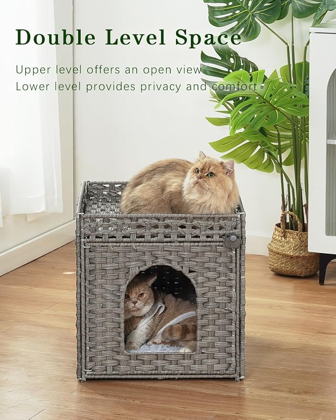 SETVSON Cat Houses for Indoor Cats Extra Large Double Cat Cave, Gray | Spacious Multi-Cat House, Furniture End Table Look, Soft Washable Cushion, Sturdy Metal Frame, 18.5x20.5x19.1 In Woven Cube - Image 2