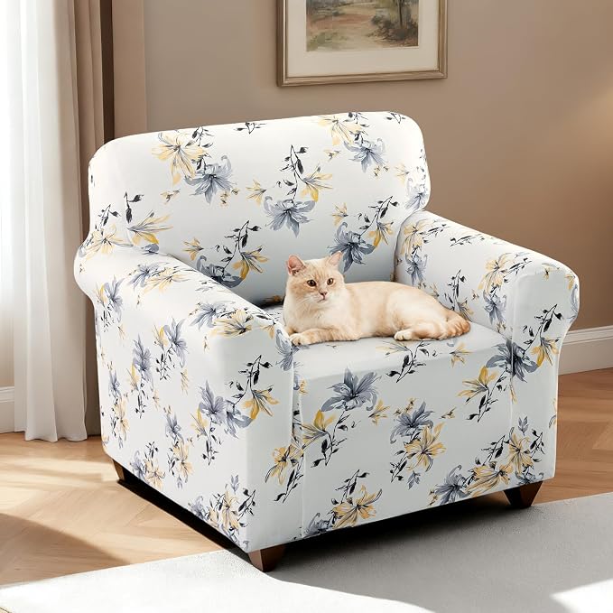H.VERSAILTEX Floral Pattern Chair Slip Covers Printed Couch Cover Super Soft Fabric High Stretch Sofa Covers Washable Couch Protector for Dogs(Vintage Petal-Yellow,Chair) - Image 2