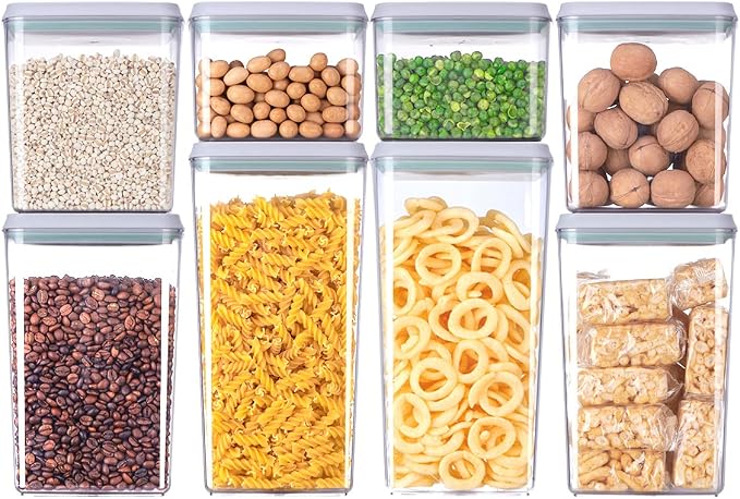 8-Piece Set of Pop Airtight Food Storage Containers with Lids Stackable Containers for Kitchen Pantry Organization Ideal for Cereal Snacks Flour Sugar Coffee and Spaghetti (1.2, 2.0, 2.7, 3.3qt)*2 by EQI