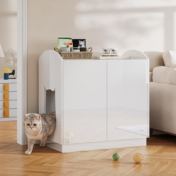DWVO Large Hidden Litter Box Furniture with Hooks | Modern Cat Litters Box Enclosure for M/L/XL Litter Boxes, Wooden Secret Cat Cabinet, High-Gloss White - Image 3
