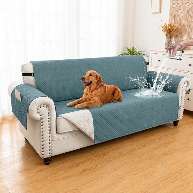 100% Waterproof Couch Cover for Dogs, Washable Anti-Slip Sofa Cover with Elastic Straps & Side Pockets, Quilted Furniture Protector for Kids & Pets (Oversize Sofa 78", Grayishblue) by Unknown