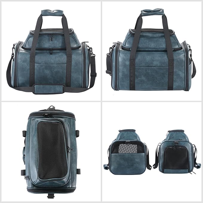 Premium Leather Top Expandable Pet Carrier for Small Dogs & Cats Under 15 lbs, Airline Approved Collapsible Soft-Sided Luxury Travel Bag Blue