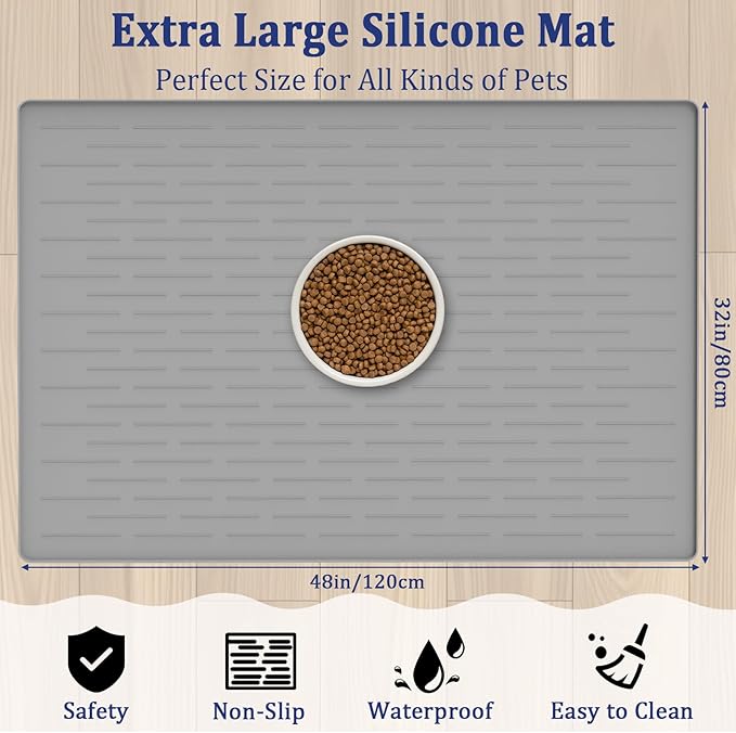 48"x32" Extra Large Pet Food Mat, 1.5MM Super Thick Silicone Dog Mats for Food and Water, XXXL Nonslip Pet Feeding Mats for Floors,Dog Cat Bowl Mat with Raised Edges, Light Gray - Image 2