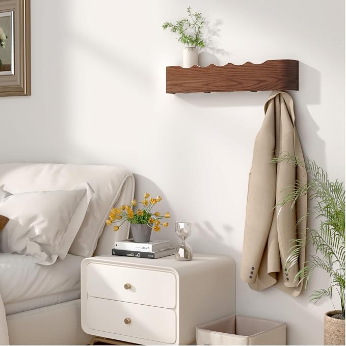 Wall Mounted Coat Rack with Shelf, Wooden Entryway Organizer with Hidden Metal Hooks for Hanging Coats Bags Keys, Modern Floating Shelf for Hallway Bathroom - Image 9