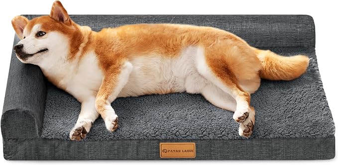 Patas Lague Orthopedic Medium Dog Bed Pet Sofa Beds 30''X20''Dark Grey | L Bolster Egg-Crate Foam Dog Couch For Medium Dogs, Waterproof Removable Washable Cover, Pet Mat with Nonskid Bottom by PatasLague