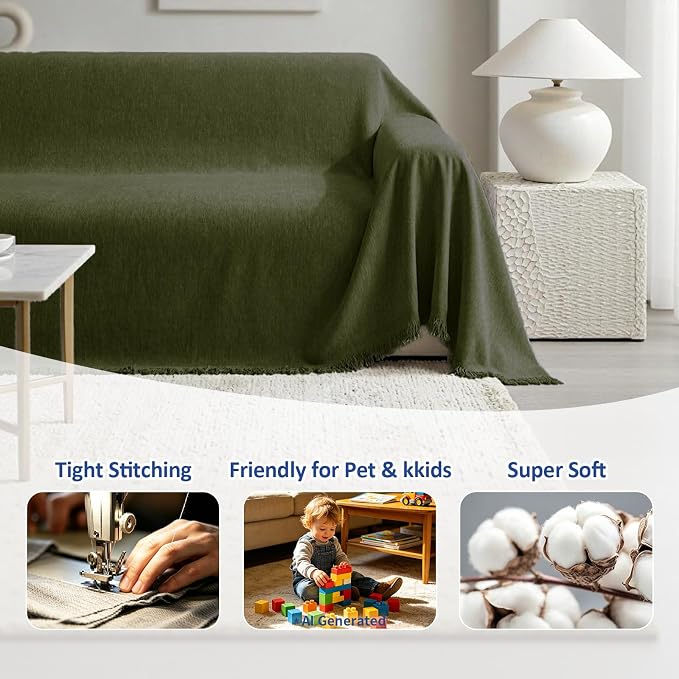 Chenille Couch Cover for Dogs, Boho Sofa Cover Washable Couch Cover, Loveseat Sofa Cover, Pet Throw Blankets for Couches with Tassel Furniture Protector Covers,71"×102",Grass Green - Image 6