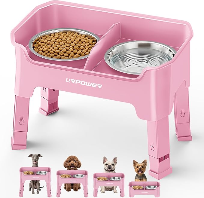 URPOWER Mess Proof Elevated Dog Bowls for Small Dogs with Splash Guard | 4 Height Adjustable Raised Stand with 2 Stainless Steel Food Bowls & Licking Plate for Small, Medium & Large Dogs by URPOWER