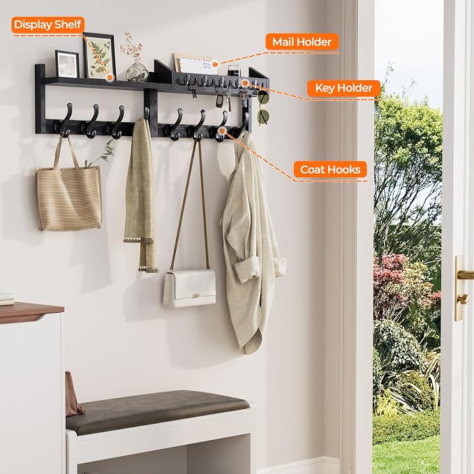 Evermagin 35" Coat Rack Wall Mount with Shelf for Entryway, Black | Wall Mounted Coat and Key Rack with Hooks, Key Holder with Mail Organizer for Wall, Living Room, Mudroom, Bedroom - Image 5