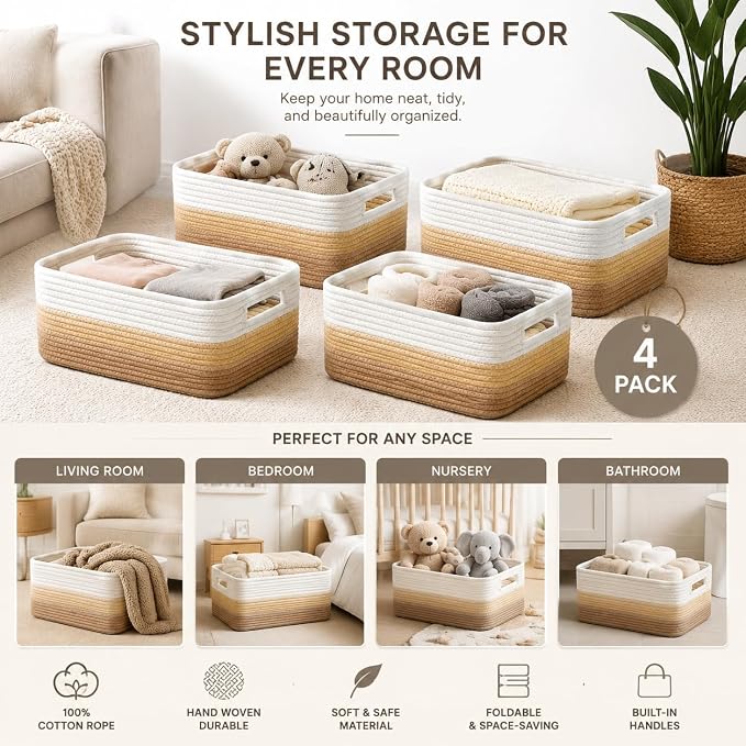 4 sets of hand-woven cotton rope storage boxes, suitable for toys, books, clothes, bathrooms, car trunks used for organizing decoration, Khaki color Two 16x14x7 in two 14x10x7in - Image 4