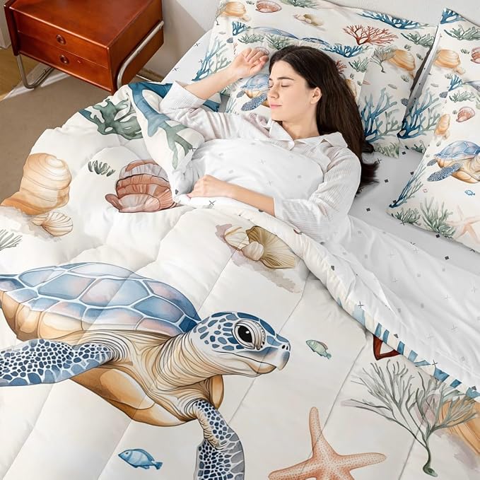 Erosebridal Cartoon Sea Turtle 7-Piece Bedding Set King Size, Ocean Animal Tortoise Bed in A Bag, Underwater World Sea Animal Comforter Set with Sheets, Kawaii Starfish Bedding Comforter Sets - Image 7