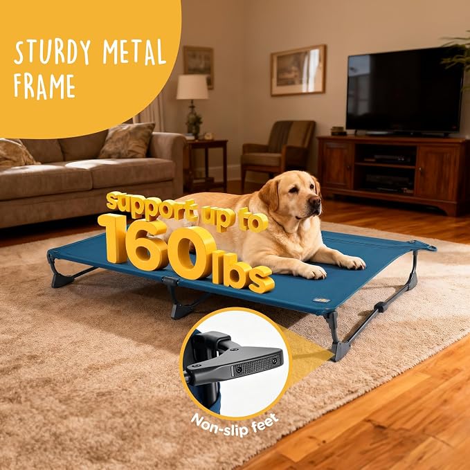 CANINE CANYON Upgraded Non-Slip Daisy Cot, XL Foldable Elevated Dog Bed, Portable Raised Outdoor Folding Dog Cot for Camping/Home, Chew Proof Waterproof Heavy Duty Up to 160 Lbs, Dark Blue, 49"x33" - Image 4