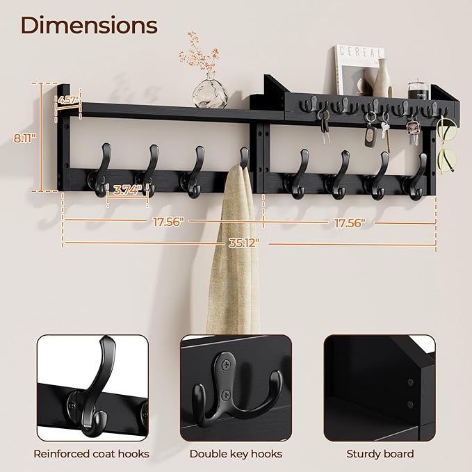Evermagin 35" Coat Rack Wall Mount with Shelf & 13 Hooks, Entryway, Black | 4-in-1: coat hooks, key hanger, mail holder & display shelf. Pine wood. For bedroom, hallway, mudroom, livingroom - Image 2