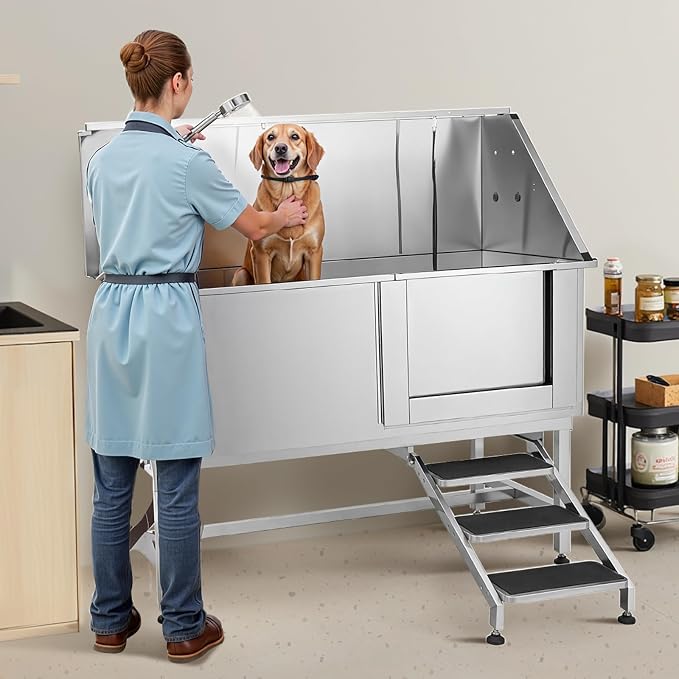 VEVOR Stainless Steel Dog Washing Station, 62 inch Pet Grooming Tub w/Stairs, PE Water Filter Board, Faucet & Showerhead & Soap Holder Dog Bathtub for Large & Medium & Small Pets (Right Door) - Image 8