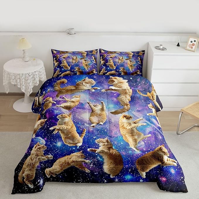 Feelyou Cats Comforter Set Galaxy Cute Cat Bedding Set for Kids Boys Girls University Planets Pet Cat Theme Design Comforter Fun Lovely Animals Quilt Set Bedroom Collection 2Pcs Twin Size by Feelyou
