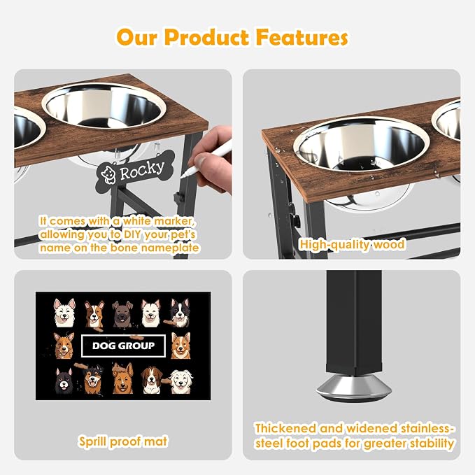 ADENGL Triple Elevated Dog Bowls Stand for Multiple Dogs, 3 Height Adjustable Raised Dog Bowl Stand with 3 Stainless Steel 1700ml(58oz) Bowls & Wood Tray & Mat - Image 5