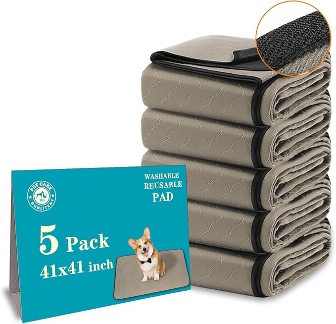 Bunlitent Washable Pee Pads for Dogs 41" x 41", 5 Pack, Reusable Puppy Pads | Reusable, Quick Dry, Large Anti-Slip, Waterproof, Whelping Pad for Pet, Playpen, Incontinence, Housebreaking, Large, Brown by Bunlitent