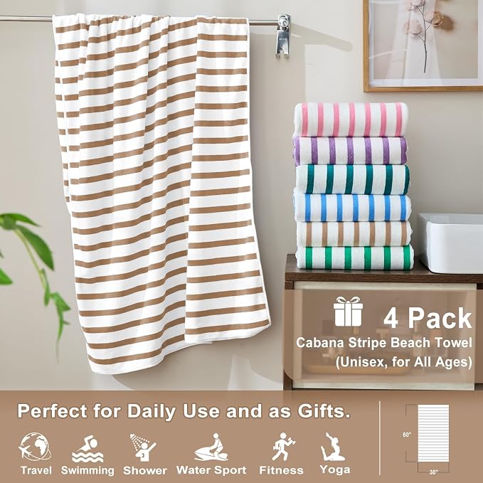 JML Microfiber Beach Towels Set of 4, 30" x 60", Cabana Stripe Coffee | Hanging Loop, Soft, Absorbent, Quick Dry Bath Towel for Summer Swimming Pool Party, Yoga, Camping - Image 2