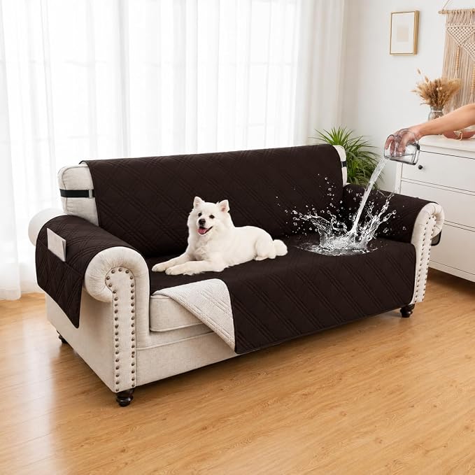 100% Waterproof Couch Cover for Dogs, Washable Anti-Slip Sofa Cover with Elastic Straps & Side Pockets, Quilted Furniture Protector for Kids & Pets (3 Cushion 68", Chocolate) by Unknown