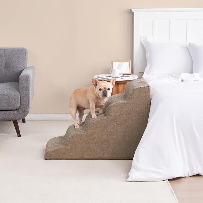 EHEYCIGA Curved Dog Stairs Ramp for High Beds, 5-Step Extra Wide Dog Steps for Small Dogs and Cats, Pet Stairs for High Bed Climbing, Non-Slip Balanced Pet Step Indoor, Camel - Image 8