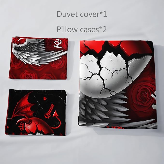 AILONEN Red & Black Rose Heart Duvet Cover Set, King Size,Angel and Demon Bedding Sets,Romantic King & Queen Comforter Cover for Bedroom Decor,3Pcs 1 Quilt Cover + 2 Pillowcase,Soft Breathable - Image 5
