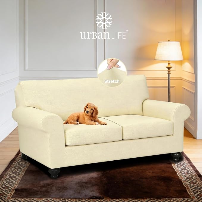 URBANLIFE 3-Piece Stretch Sofa Covers for 2 Cushion Couch, Cream | Super fitted spandex slipcovers for couches. Non-slip elastic bottom. Machine washable furniture protector for kids & pets. - Image 2