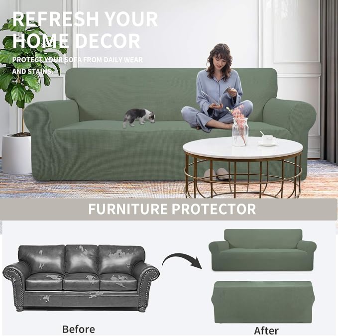 Easy-Going Stretch Chair Slipcover with Arm Washable Greyish Green | 1-Piece Couch Sofa Cover Furniture Protector for Living Room Soft with Bottom For Kids, Pet. Spandex Jacquard - Image 4