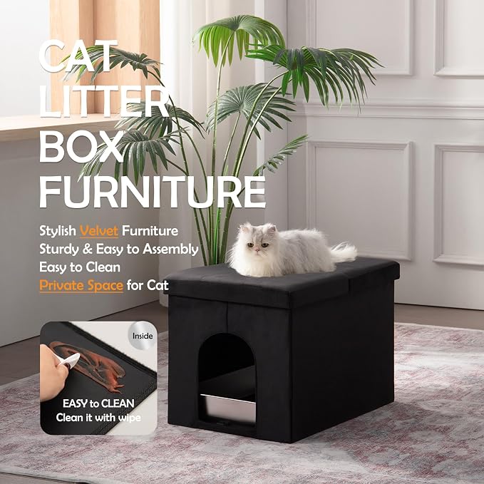 MEEXPAWS Cat Litter Box Enclosure Furniture Hidden Large, Lift Design Lid Velvet Cat Washroom Bench Storage Cabinet |25.6x 17.7 x 17.7 in|Dog Proof|Urine Proof Inside|Quick Assembly| Easy Clean(Black) - Image 2