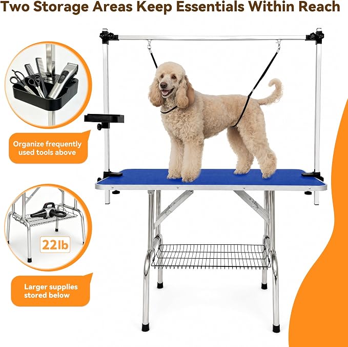 46'' Stainless Steel Dog Grooming Table, Foldable Pet Grooming Stand, Adjustable Arm, 2 Nooses & 2 Storage Baskets, Anti-Slip Top, Capacity, Medium Large Dog Cat Home Salon, Blue - Image 5