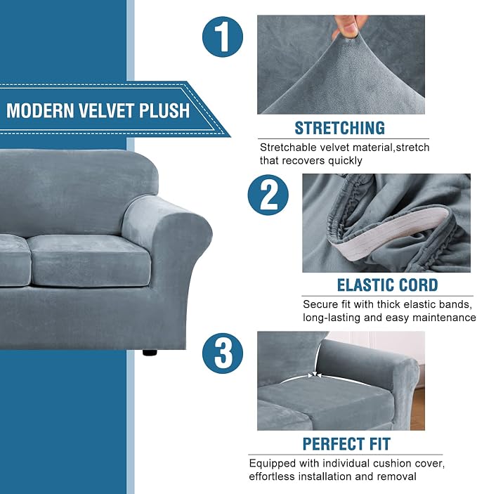 H.VERSAILTEX Velvet 4 Piece High Stretch Sofa Slipcover Cover Furniture Protector Form Fit Luxury Thick Velvet Extra Large Sofa Cover for 3 Cushion Couch Width Up to 105 Inch(XL Sofa, Stone Blue) - Image 3
