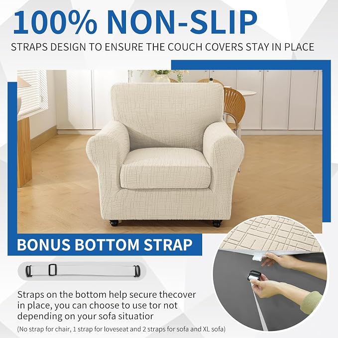 CYCMCAO Stretch 2 Piece Armchair Covers, Non Slip Chair Covers Armchair, Sofa Covers for Pets Washable with Elastic Bottom, Couch Slipcover for Kids, Dogs (Beige), 31"-46" (1 Cushion) - Image 7