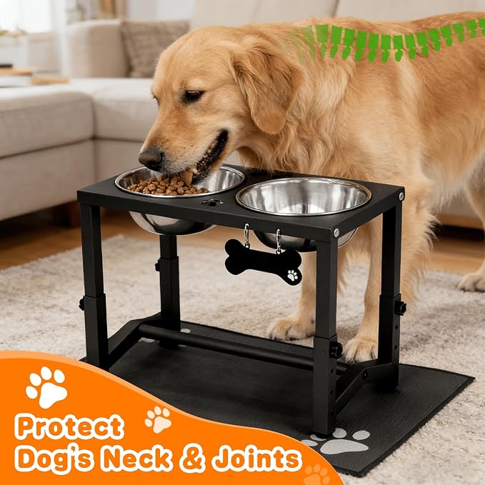 Elevated Dog Bowls, 4 Height Adjustable Metal Raised Bowl Stand with 2 Thick Stainless Steel Food Bowls & Spill-Proof Mat, Adjusts to 13.6'', 12.2'', 10.9'', 9.5'' for Large/Medium Breeds. Black - Image 2