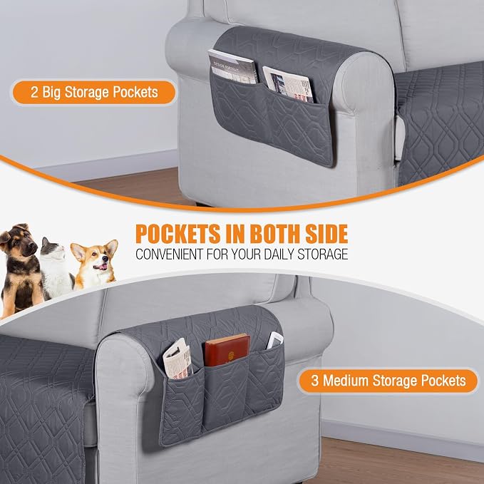 VANSOFY Waterproof Couch Cover for Pets, Dark Gray, 72.4" | Non-Slip, Washable, Utility Pockets, Pet Friendly, Furniture Protector Slipcover for 3 Cushion Plus Couch - Image 3