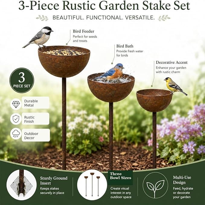 3 Pack Rustic Metal Bird Bath Stake Set for Outdoors, Garden Bird Bath Bowls with Ground Stakes, Bird Feeder Rain Catcher Wildlife Water Station for Birds, Bees & Butterflies - Image 3
