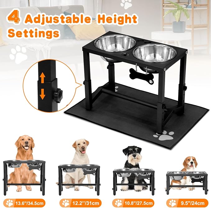 Elevated Dog Bowls, 4 Height Adjustable Metal Raised Bowl Stand with 2 Thick Stainless Steel Food Bowls & Spill-Proof Mat, Adjusts to 13.6'', 12.2'', 10.9'', 9.5'' for Large/Medium Breeds. Black - Image 4