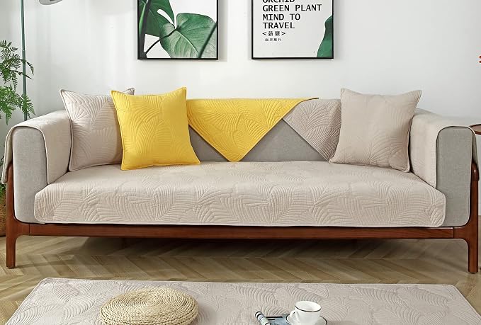 Solid Color Leaf Cotton Quilted Sofa Covers Anti-Slip Soft Sectional Couch Cover Washable Sofa Slipcover for Dogs Cats Pet (Khaki,28''x94'') - Image 2