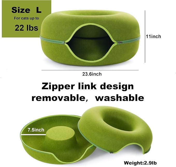 Large Cat Tunnel Bed for Indoor Cats with 3 Toys, Scratch Resistant Donut Cat Bed, Up to 30 Lbs (L 24x24x11, Green) - Image 4