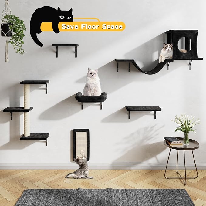 NUNU LAB Wall Mounted Cat Furniture Set - 6 Pcs Climber Set with House, Bridge, Steps, Scratcher Board - DIY Walls Playground, Indoor Cat Shelves - Black - Image 3