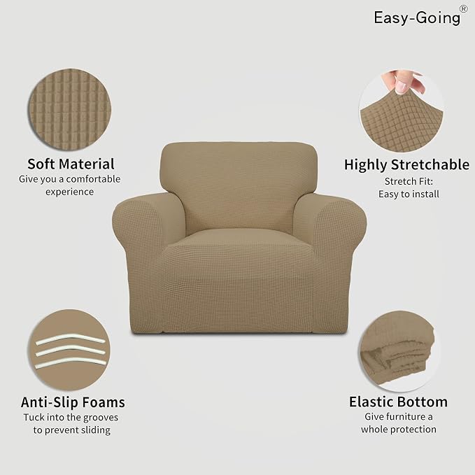 Easy-Going Stretch Oversized Chair Slipcover with Arm Washable Tan | 1-Piece Large chair covers armchair Furniture Protector for Living Room chair and a half cover Soft For Kids, Pet. - Image 3