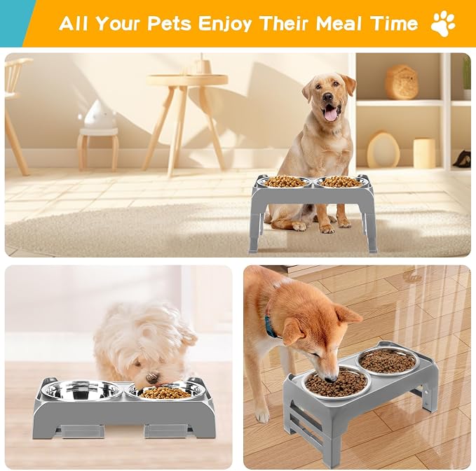 COMESOON Elevated Dog Bowls for Small Medium Dogs, 3 Height Adjustable Raised Stand with 2 Thick 6" Stainless Steel Food Bowls, Non-Slip Feeder Adjusts to 2.75", 6", 7.5", Grey - Image 8