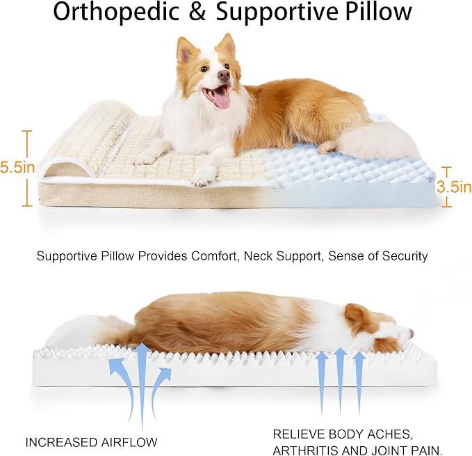 Orthopedic Large Dog Bed Pillow Pet Sofa Bed 36''X24'' Ivory | Egg-Crate Foam Pet Couch Large Sized Dog, Waterproof Removable Washable Cover,Furry Puppy Crate Mat With Nonskid Bottom - Image 6