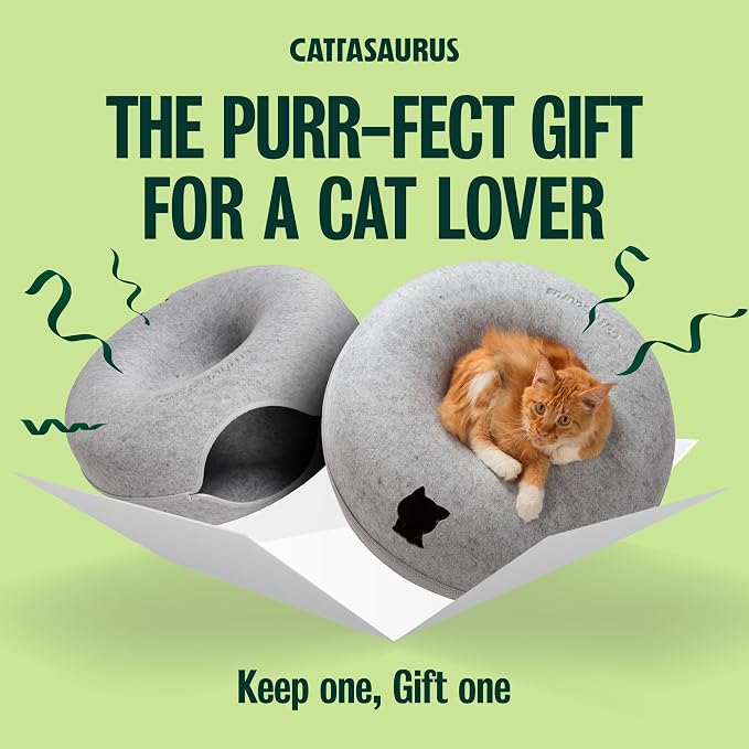 Cattasaurus Peekaboo Cat Cave Donut for Multiple & Large Cats up to 30-45 lbs, 3-in-1 Self Warming Cat Bed, Tunnel & Scratcher for Indoor Cats, Washable & Detachable (Light Gray + Light Gray, Large) - Image 4