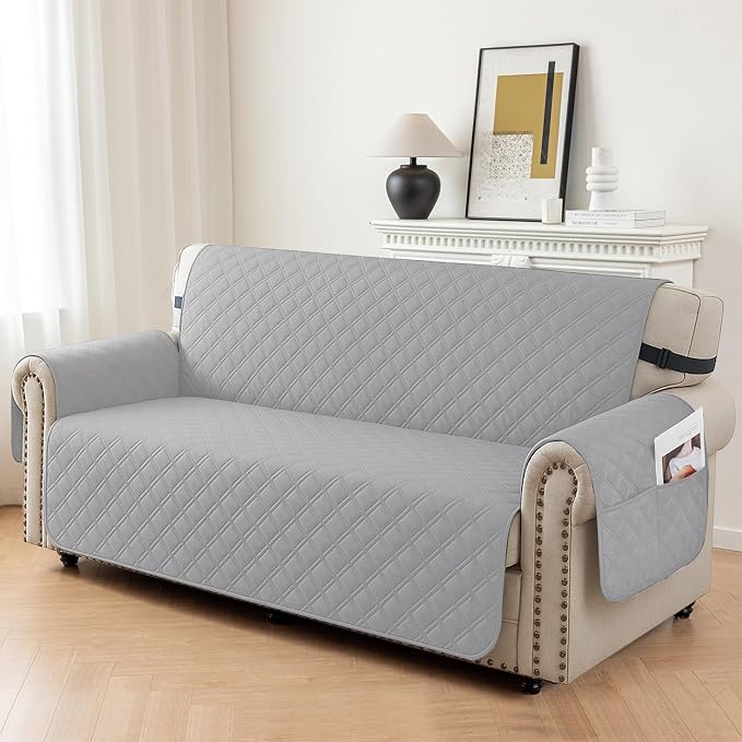Waterproof Couch Cover for Pets, Sofa Covers for 3 Cushion Couch Washable, Non Slip Couch Covers for Dogs with Side Pockets Elastic Straps, Quilted Couch Covers for Sofa (Sofa, Light Grey) - Image 2