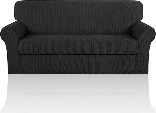 Sofa Cover Stretching Skid Resistance Couch Cover for Pets Washable, Thick and Durable Soft High Spandex Striped Pattern Sofa Covers, Form Fitted Sofa Slipcover(Sofa, Black) by ChengEase