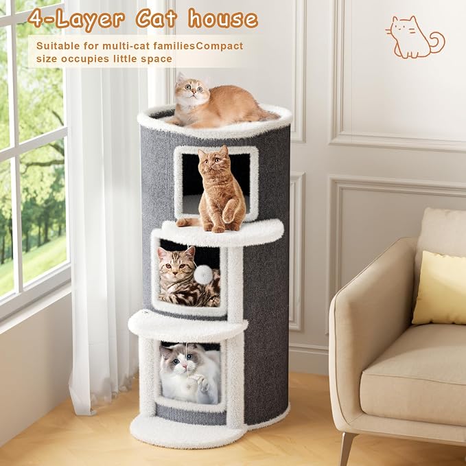 3-Storey Cat Beds for Indoor Cats House, Covered Beds & Furniture with Scratch Pad, Cat Hideaway Cave, Condo with Dangling Fluffy Balls for Multiple Kitten, Grey 15.75X15.75X35.43INCH - Image 2