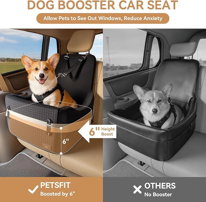 PETSFIT Dog Booster Car Seat for Small/Medium Dogs Up to 35 lbs – Patented Safety System, 6" Memory Foam Pet Car Seat, Fully Detachable and Washable Cover, Front/Back Seat Travel Booster (Black)