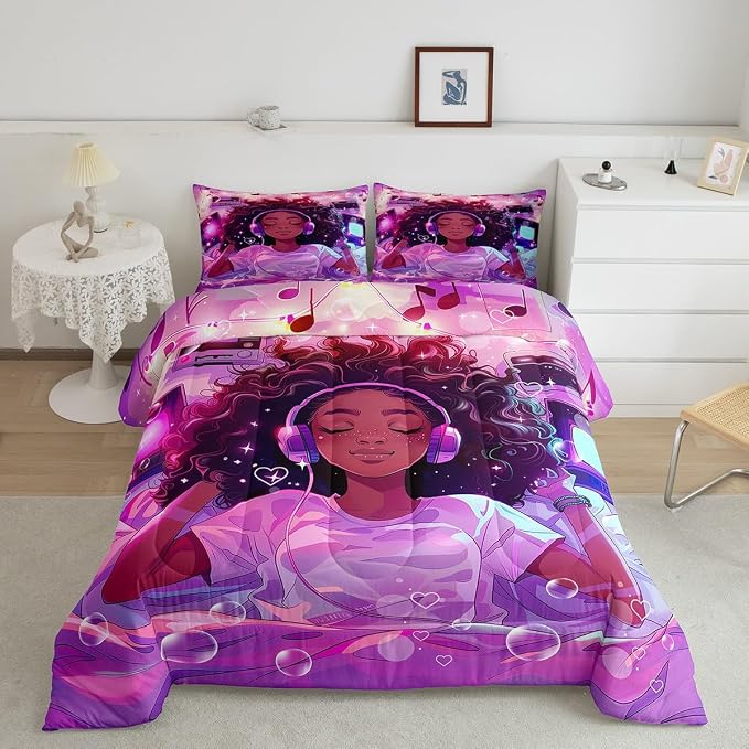 Manfei Musical Girl 3 Pcs King Size Comforter Set,African Style American Cool Girl Starry Bubble Bedding Set,Hippie Music Headset Radio Purple Ultra Soft Microfiber Inner Fill Comforter by Manfei