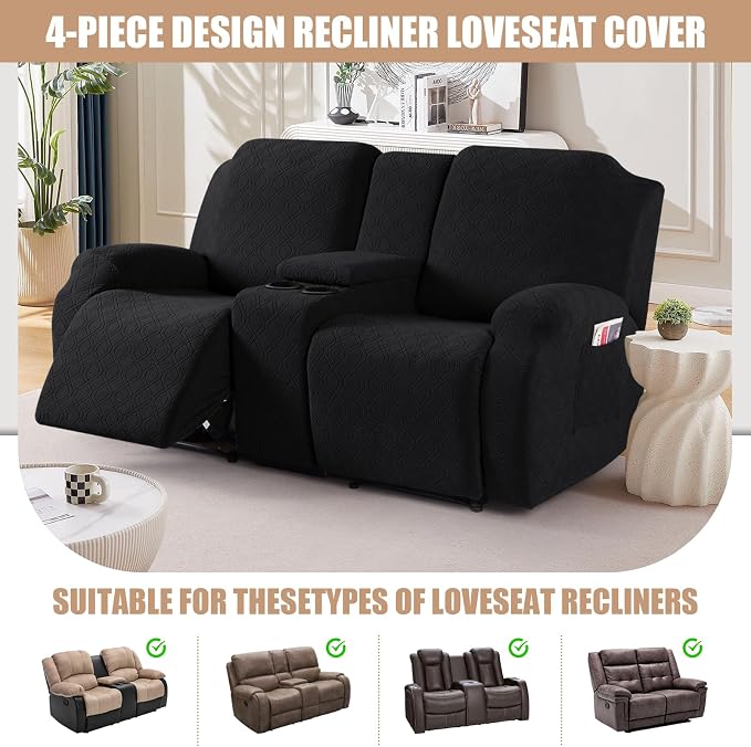 VANSOFY Recliner Loveseat Cover with Middle Console Stretch Reclining Sofa Slipcover for 2 Seat Jacquard Reclining Couch Sofa Covers Furniture Protector with Elastic Straps Bottom (Black) | 4-Pieces, Soft Furniture Protector, Washable Slipcover with Po... - Image 4