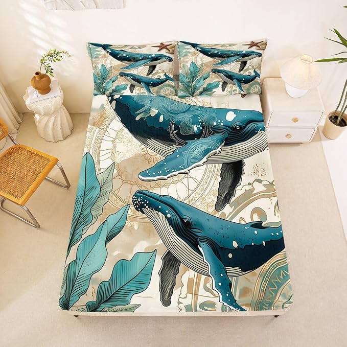Erosebridal Ocean Whale Sheet Set Kids Boys Girls Nautical Bedding Children Coastal Sea Animal Bed Sheet Set,Soft Home Cozy Microfiber Bed Set-4pcs (1 Fitted +1 Flat+2 Pillowcases),Full,Teal Brown - Image 2